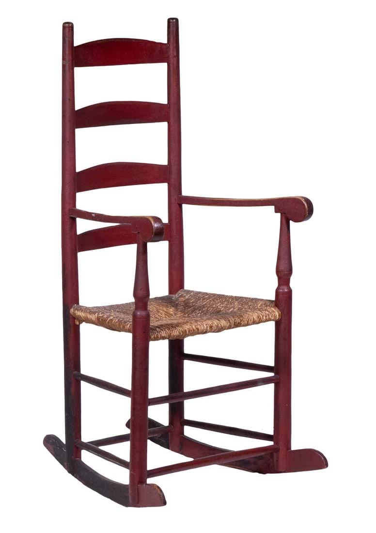 18TH C. PAINTED LADDER BACK ROCKER: 18TH C. PAINTED LADDER BACK ROCKER Country Red Painted Rush Seat Rocking Chair, with four-slat back, shaped arms, double stretcher base. 16" high seat. OS: 45 1/2 x 19 1/2 x 24 in. (115.6 x 49.5 x 61