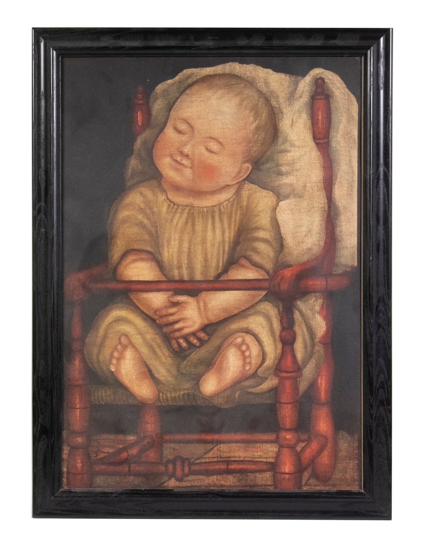 FRAMED REPLICA PRINT OF FOLK ART BABY PORTRAIT: FRAMED REPLICA PRINT OF FOLK ART BABY PORTRAIT Baby sleeping in red painted country high chair, in 19th c. fashion, housed in a black molded frame. Good condition. OS: 25 x 18 in. (63.5 x 45.7 cm.)