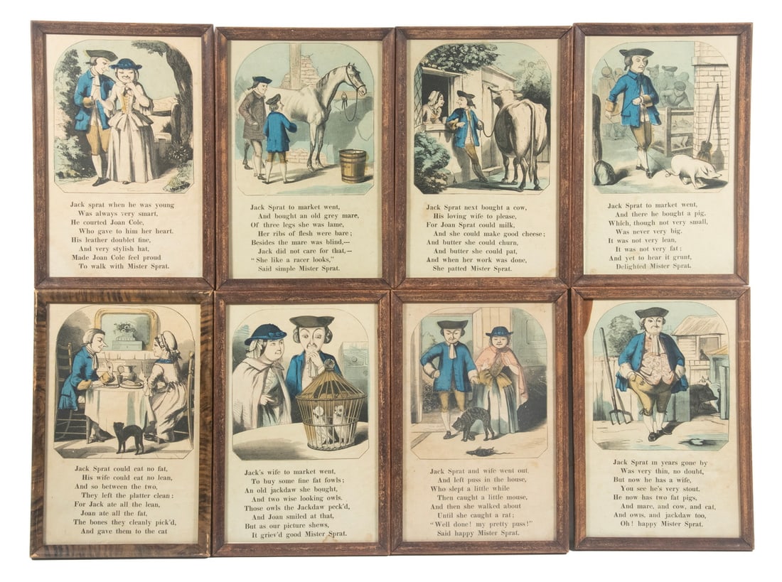 (8) FRAMED CHILDREN'S NURSERY RHYME PAGES FROM BOOK 'JACK SPRATT': (8) FRAMED CHILDREN'S NURSERY RHYME PAGES FROM BOOK 'JACK SPRATT' Aunt Jenny's Series "Jack Spratt", McLoughlin Brothers, No 30 Beekman St, NY. Hand colored lithos in matching faux grained stick