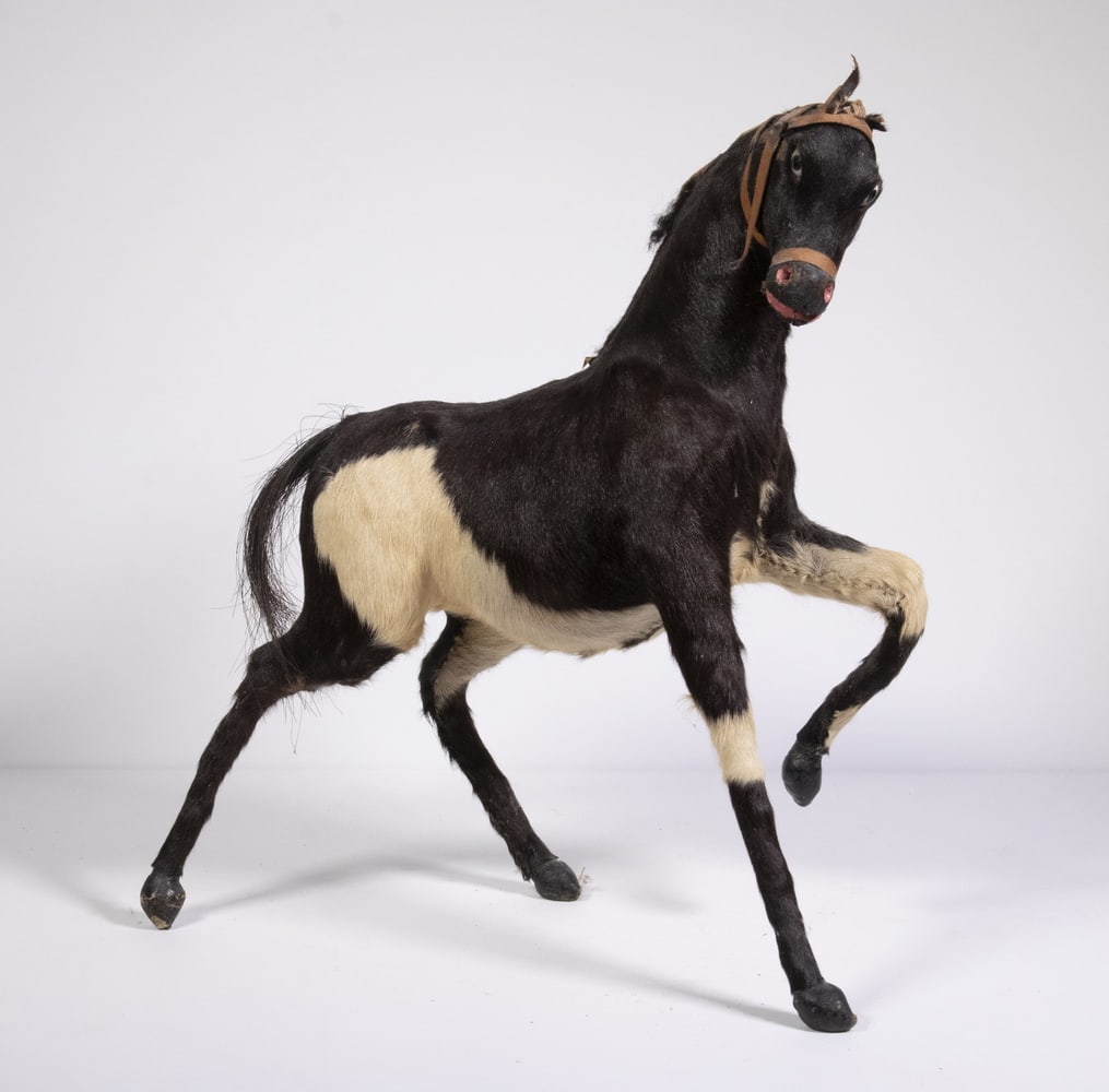 19TH C. PRANCING HORSE TOY: 19TH C. PRANCING HORSE TOY Large German Hide Covered Horse Figure, c. 1870, with glass eyes, leather bridle, pink painted nostrils and mouth. Surface losses at top of head, mane losses. OS: 15 x 14