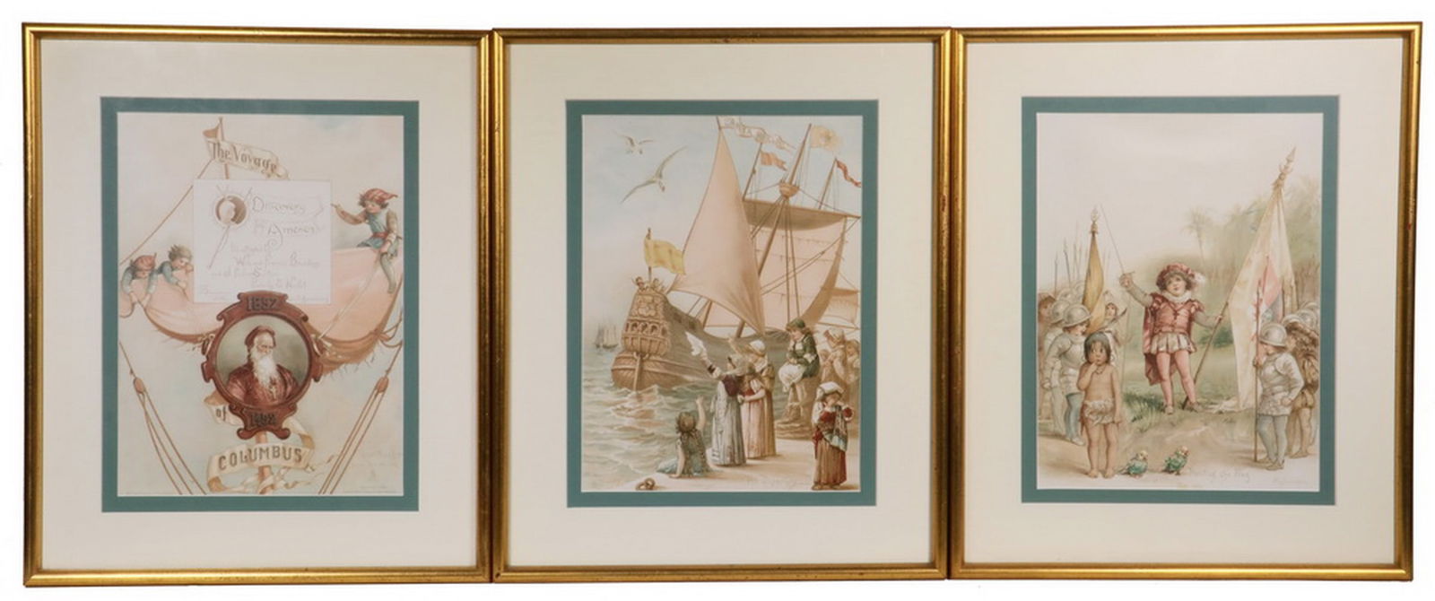 FRANCES WILLIAM BRUNDAGE: FRANCES WILLIAM BRUNDAGE (9) Story of Columbus using Children's Lithographs, captioned, in half round gold frames, matted and glazed. Good condition. From 1892 "Story of Columbus": The Voyage of the