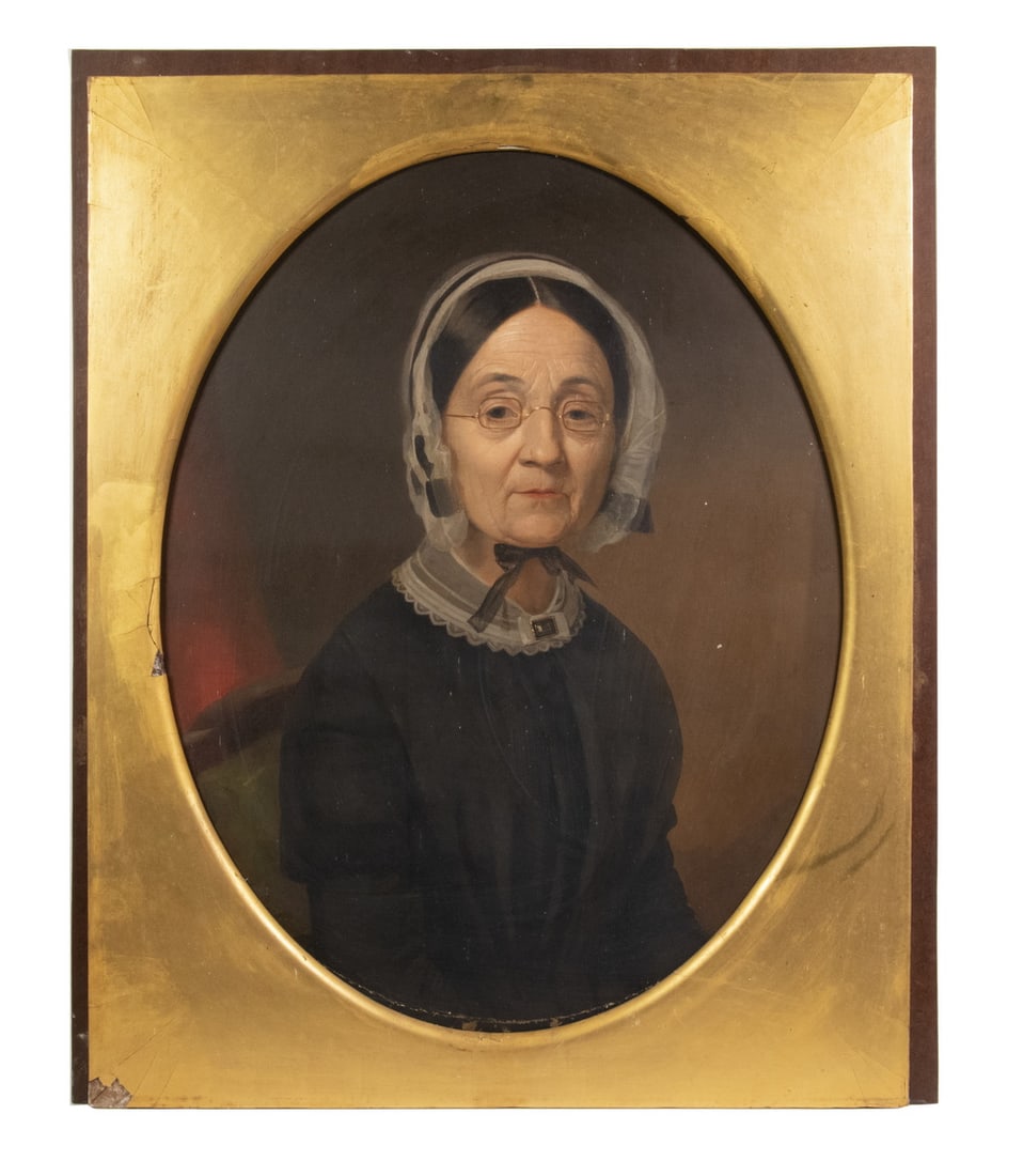 PORTRAIT OF AN LADY, AMERICAN, CIRCA 1880: PORTRAIT OF LADY, AMERICAN, CIRCA 1880 Portrait of New England Lady in Bonnet, oil on canvas laid to cradled hardboard, unsigned, with gold eyeglasses, lace collar with simple brooch, unframed,