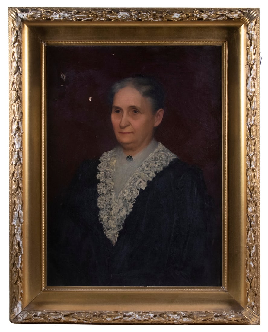 19TH C. PORTRAIT OF AN WOMAN: 19TH C. PORTRAIT OF A WOMAN Life-sized Bust Portrait of a Grey Haired Lady in black dress with large laced bib collar, oil on canvas, unsigned. Two tears in background. Housed in a a damaged ornate