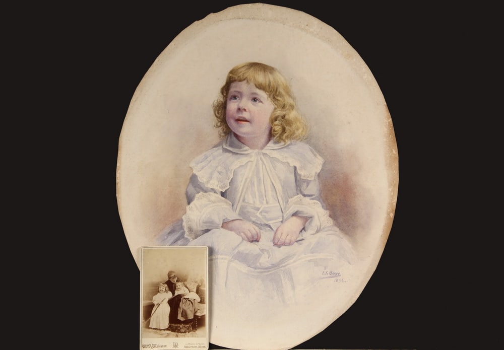 ELIZABETH GOWDY BAKER (NY/MA/OH, 1860-1927): ELIZABETH GOWDY BAKER (NY/MA/OH, 1860-1927) Oval Portrait of Young Miss Helen Prescott of Waltham, MA. Watercolor on heavy paper, signed lower right "E.G. Baker" and dated 1896. Unframed. Edge