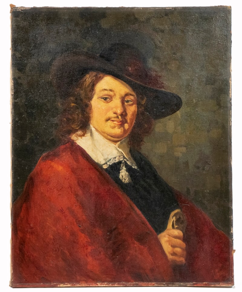 20TH C. COPY OF PORTRAIT PAINTING OF AN ENGLISH CAVALIER, UNFRAMED: PORTRAIT PAINTING OF AN ENGLISH CAVALIER, UNFRAMED Gent in Hat with lace edged collar, wine colored cape, oil on canvas, unsigned. Good condition. OS: 29 3/4 x 23 3/4 in. (75.6 x 60.3 cm.)