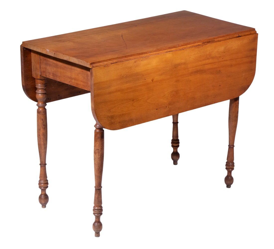 BIRCH & MAPLE DROP-LEAF DINING TABLE: BIRCH & MAPLE DROP-LEAF DINING TABLE Country Sheraton Table, 19th c., with D shaped leaves. OS, Leaves Down: 29 x 36 x 18 in. (73.7 x 91.4 x 45.7 cm.), Leaves, Each: 10 1/2 in. (26.7 cm.)