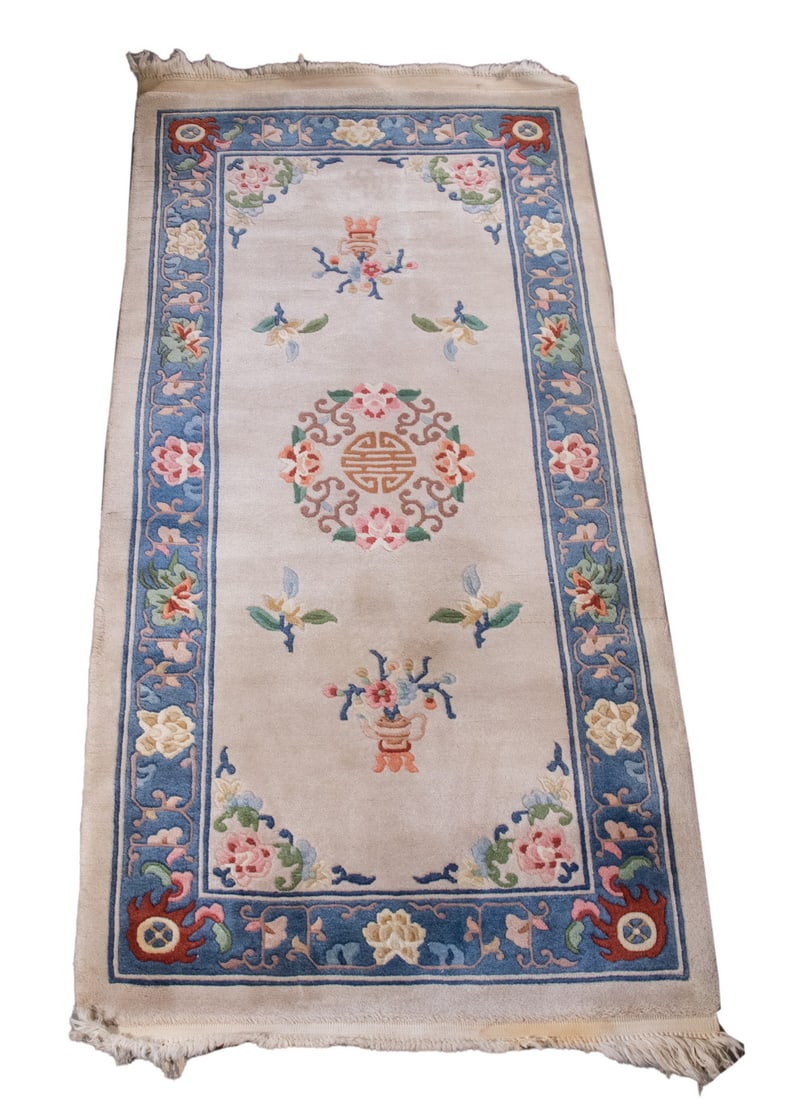 CHINESE RUNNER (3' X 6' 4"): CHINESE RUNNER (3' x 6' 4") Chinese runner, late 20th Century. Circular floral medallion, inset with "show" motif in red, ivory, sky blue and blue-green on the tan field with medium blue vine and