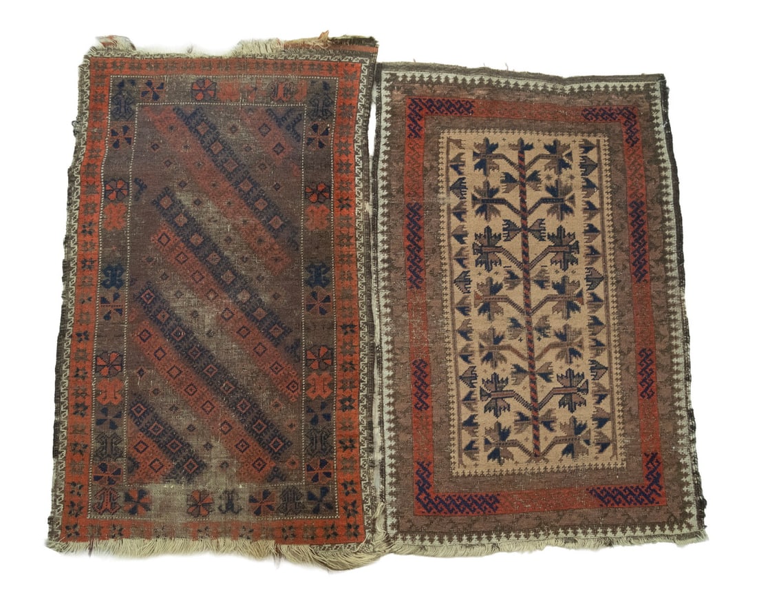 (2) SMALL HAMADAN MATS: (2) SMALL HAMADAN MATS Both are traditional patterns in tans, deep blue and orange. Size: approx. 43 x 28 in. (109.2 x 71.1 cm.)