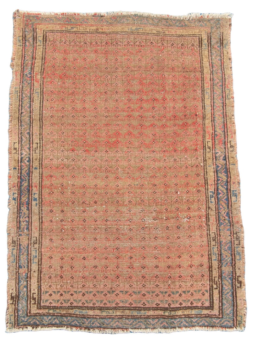 KURD MAT (2' 4" x 3' 4"): KURD MAT (2' 4" x 3' 4") Northwest Persia, late 19th Century. Overall design of small stars in aubergine and sky blue, on a camel field. Sky blue "meander" border. Areas of wear, repairs. Selvage