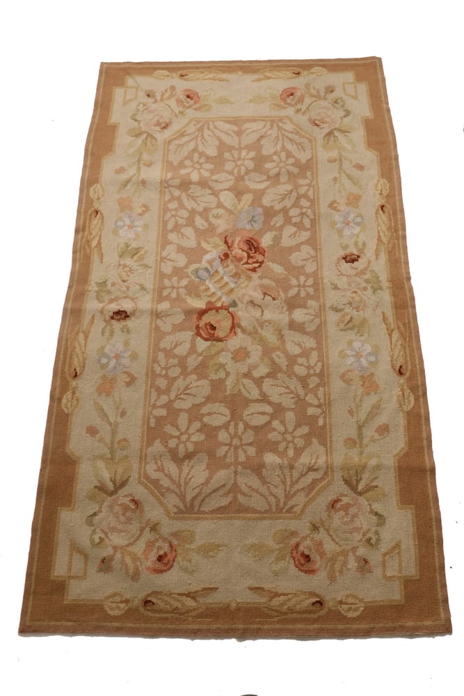 FRENCH AREA RUG (2' 9" x 4' 10"): FRENCH AREA RUG (2' 9" x 4' 10") French Aubusson Area Rug, in shades of brown with floral design. Good condition. OS: 33 x 58 in. (83.8 x 147.3 cm.)