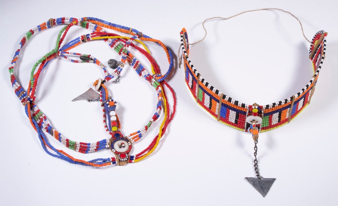 MAASAI BEADED FOREHEAD JEWELRY: MAASAI BEADED FOREHEAD JEWELRY (2) East African Hand Crafted Beaded Crowns, incl: Wedding head necklace, with metal drop pendants; and Head band with single metal drop pendant suspended from a