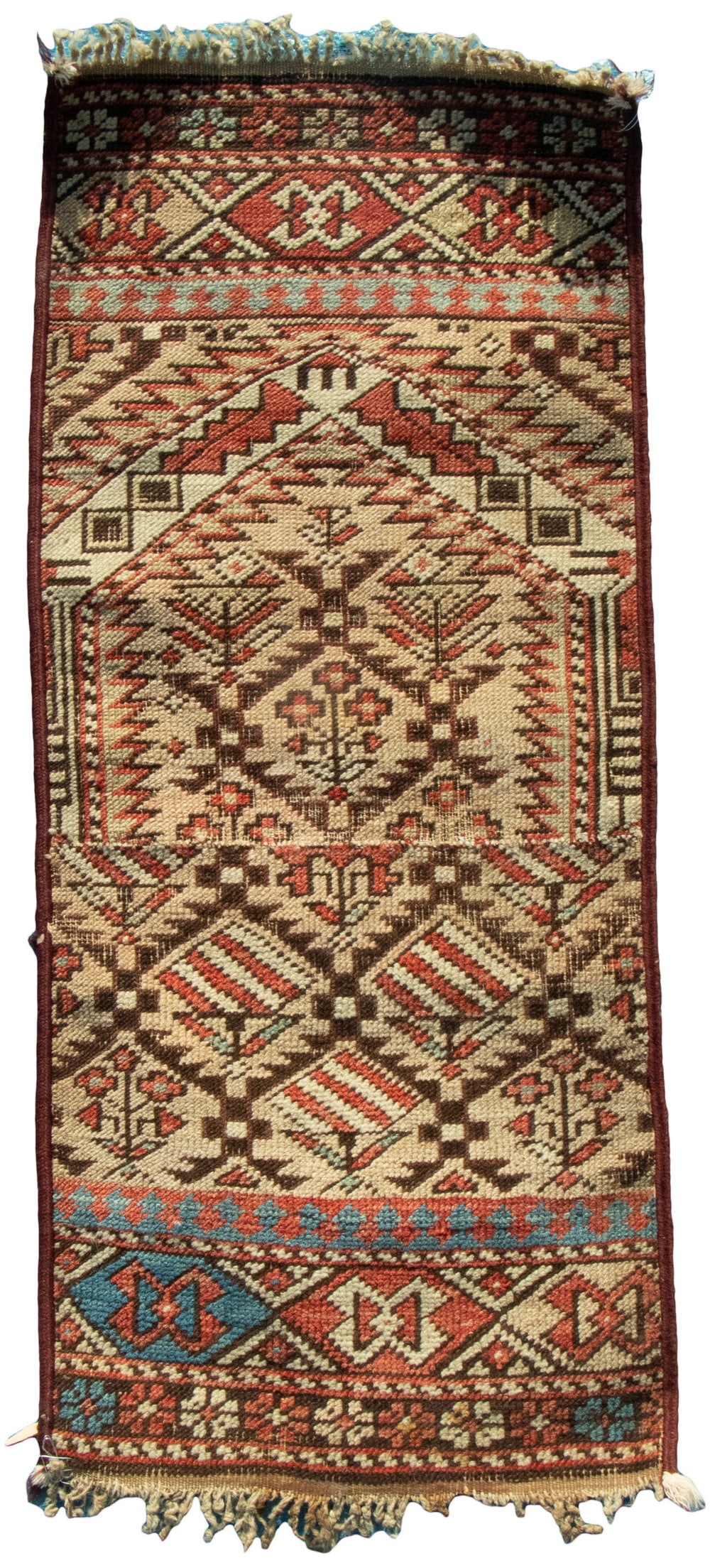 BALUCH FRAGMENT (1'1" x 2'8"): BALUCH FRAGMENT (1'1" x 2'8") Made in Northeast Persia in the early 20th Century. Composed of various panels featuring plant and geometric motifs in aubergine, ivory, sky blue, red and tan with no