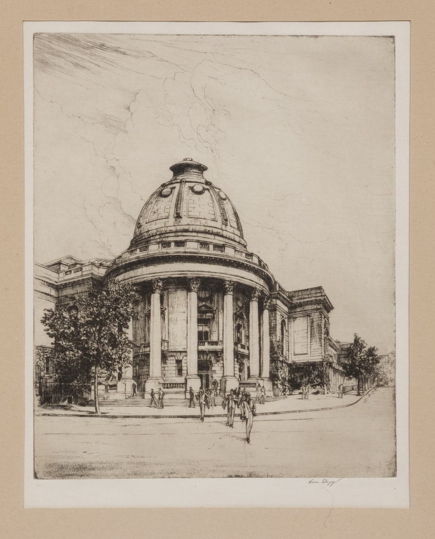 OWEN SELWYN: OWEN SELWYN"Yale University, Memorial Hall", engraving, pencil signed lower right, in mahogany stick frame, matted and glazed. Good condition.OS: 20 x 14 3/4 in. (50.8 x 37.5 cm.), SS: 9 3/4 x 7 3/4 i