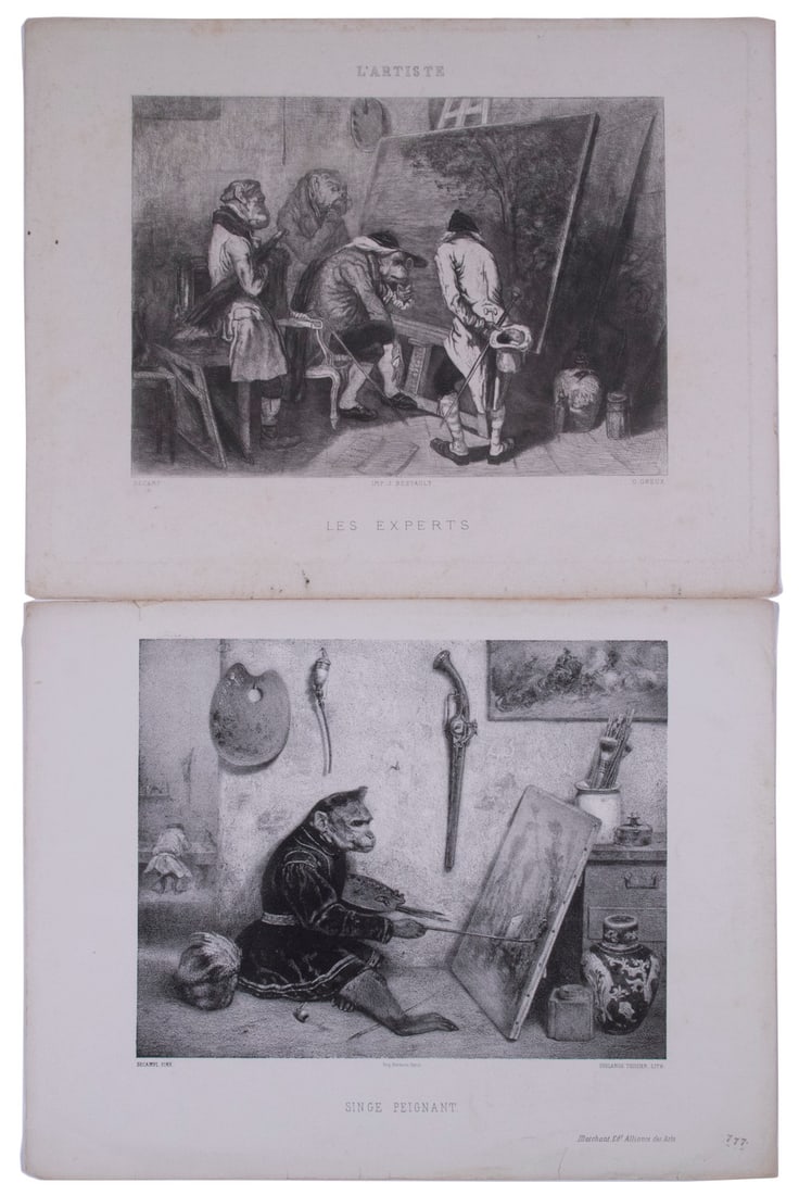 ALEXANDRE GABRIEL DECAMPS (FRANCE, 1803-1860): ALEXANDRE GABRIEL DECAMPS (FRANCE, 1803-1860) Pair of Anthropomorphic Monkey Prints, "Singe Peignant" (Monkey Painter) & "Les Experts" (The Experts), lithographs, unframed, loose, lightly soiled,