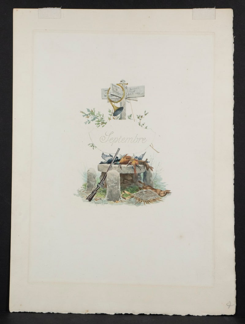 MAURICE LELOIR (FRANCE, 1853-1940): MAURICE LELOIR (FRANCE, 1853-1940) "Septembre", hand colored lithograph on wove paper, depicting attributes of the hunt on a crossroads stone bench, signed in print, unframed, loose. A few small
