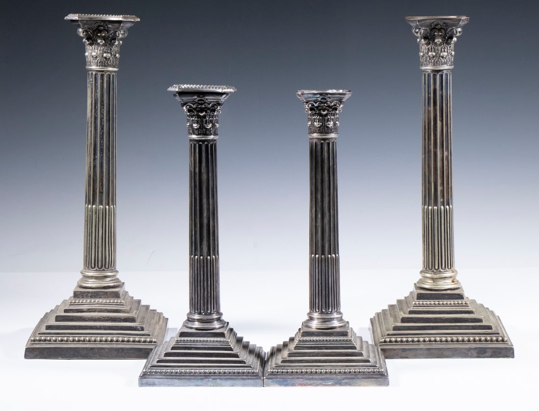(2 PRS) SILVER-PLATE CANDLESTICKS: (2 PRS) SILVER-PLATE CANDLESTICKS (2) Pairs of Antique Corinthian Column Form Candle Holders, with beaded edge removable bobeches, reeded columns, and stepped and weighted square bases, unmarked.