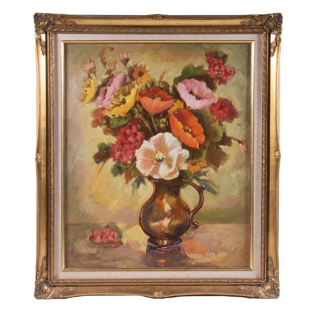 GOLDA COILLOT (ID, 1909-2003): GOLDA COILLOT (ID, 1909-2003) Still Life with a Pitcher of Summer Flowers, oil on canvas, signed lower right, also signed verso, in replica gilt matched corner frame with linen liner. OS: 26 1/2 x