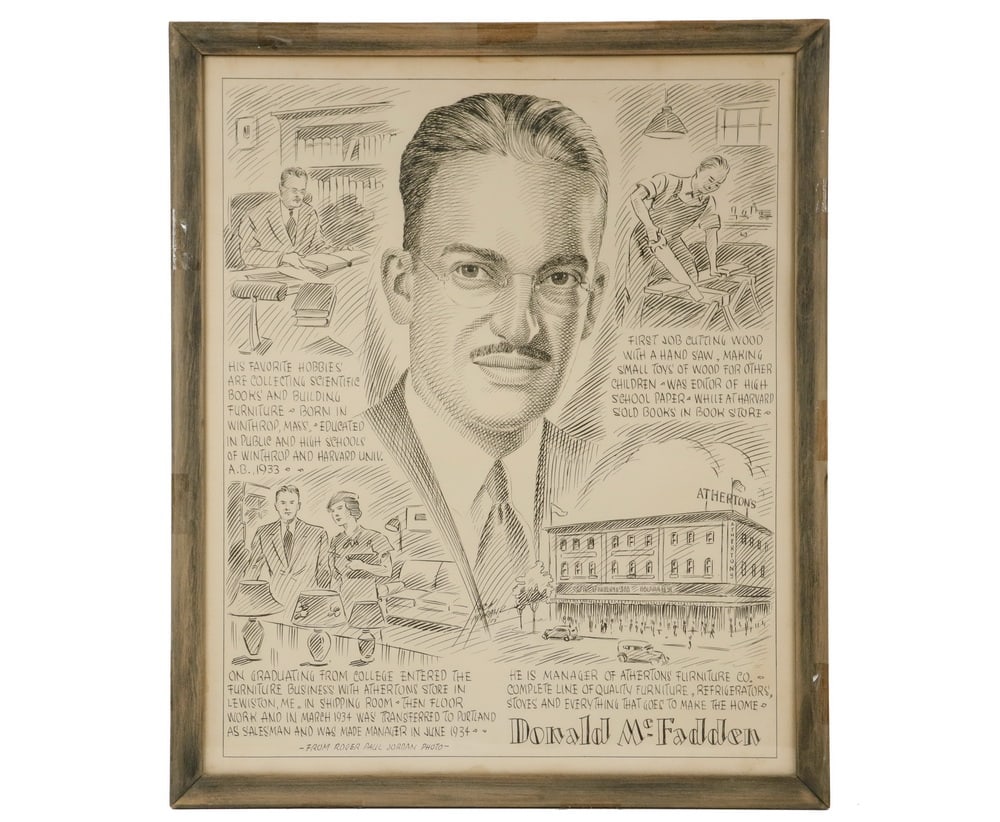 INK CARTOON BIOGRAPHICAL PORTRAIT: INK CARTOON BIOGRAPHICAL PORTRAIT Life Story of Donald McFadden, manager of Atherton's Furniture Store, framed under glass. OS: 24 1/2 x 20 1/2 in. (62.2 x 52.1 cm.)