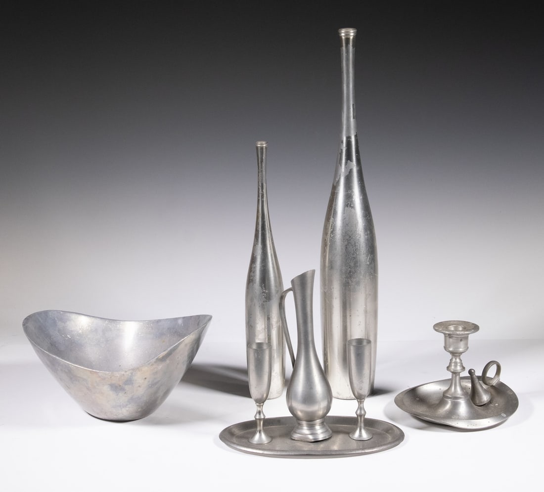 (8 PCS) ASSORTED PEWTER & ALUMINUM ACCESSORIES: (8 PCS) ASSORTED PEWTER & ALUMINUM ACCESSORIES Including: Pair of Metawa Holland contemporary bottle form vessels, marked "M5", 12" and 16 3/4" high; Pair of Metawa Holland cordials, 4 1/4" high;