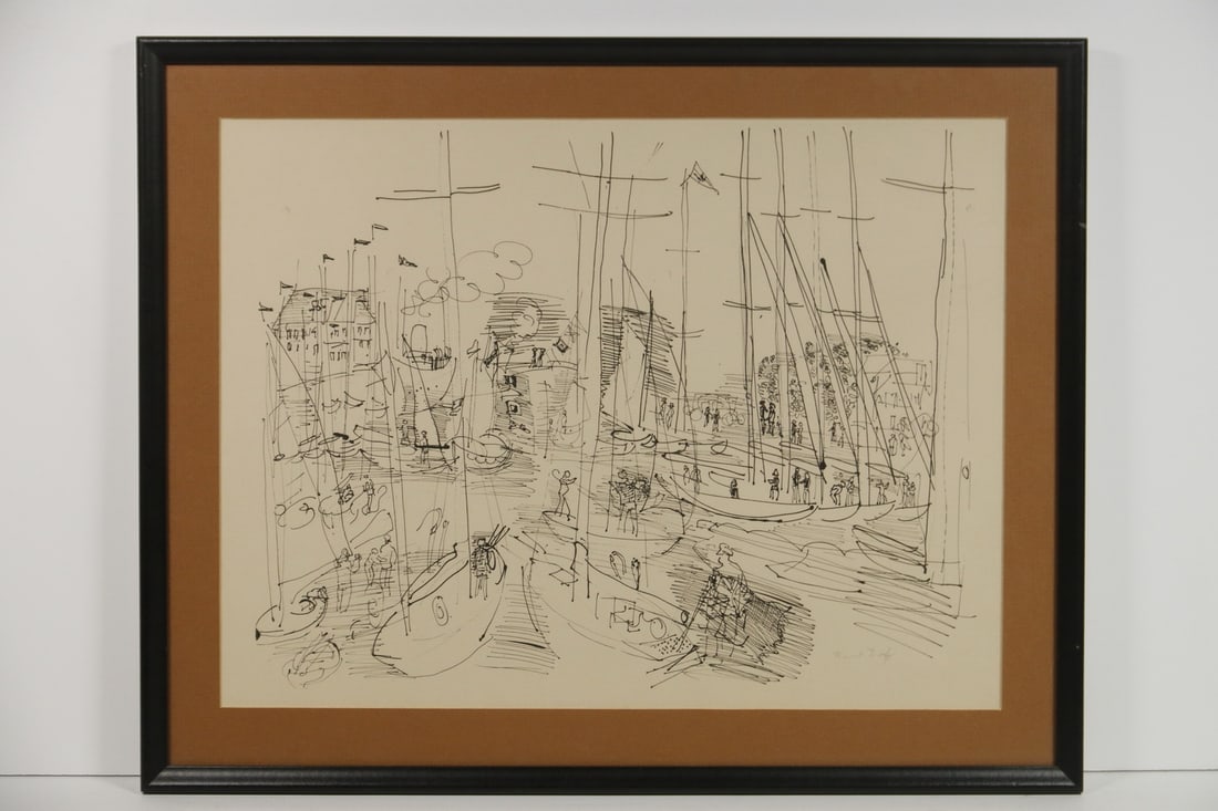 RAOUL DUFY (FRANCE, 1877-1953): RAOUL DUFY (FRANCE, 1877-1953) Photolitho, after an original pen and ink drawing of a harbor, signed lower right in the print, no edition number, in black stick frame, matted and glazed. Good