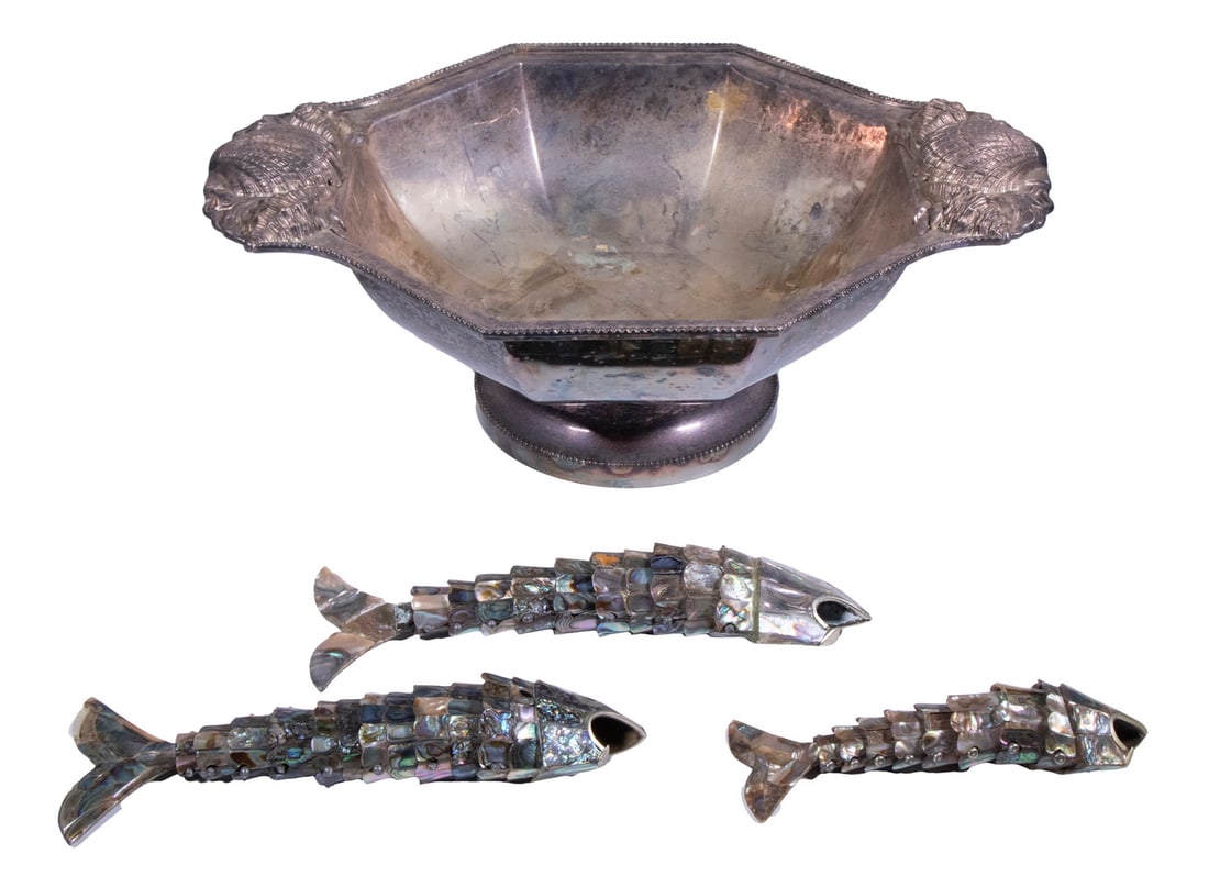 MOTHER-OF-PEARL FISH BOTTLE OPENERS & SILVERPLATE BOWL: MOTHER-OF-PEARL FISH BOTTLE OPENERS & SILVERPLATE BOWL (4) Piece Decorative Nautical Lot, incl: (3) Vintage articulated fish form bottle openers covered in mother-of-pearl, 5 3/4" to 8 1/2" long; and