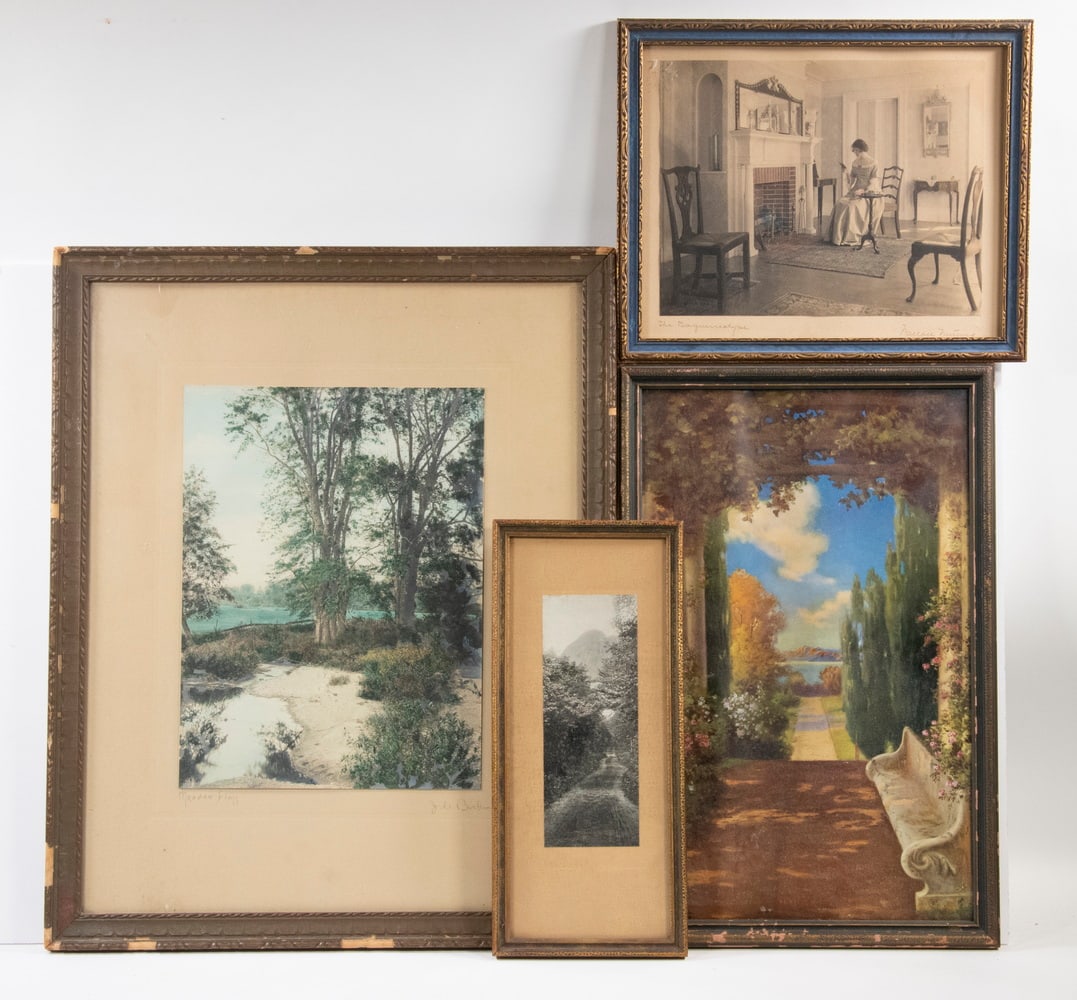(3) 1920S HAND TINTED PHOTOS & (1) CHROMOLITHOGRAPH, FRAMED: (3) 1920S HAND TINTED PHOTOS & (1) CHROMOLITHOGRAPH, FRAMED Including: "Meadow Elms" by J. Carleton Bicknell, in the original stick frame, mounted on board with pencil title and signature, old glass,