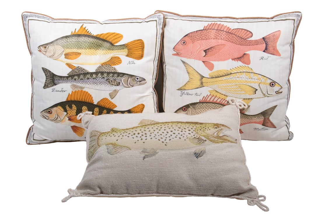 (3) FISH-THEMED DECORATIVE PILLOWS: (3) FISH-THEMED DECORATIVE PILLOWS A group of three pillows featuring fish motifs, including two printed examples depicting various species such as mackerel, perch, and zander, and one needlepoint