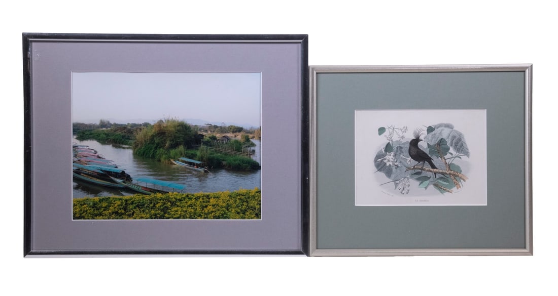 FRAMED DECORATIVE ARTWORK: FRAMED DECORATIVE ARTWORK (2) Piece Lot, incl: Photograph of river boats in Vietnam, in a chromed metal frame with mat, glazed, OS:11 1/2" x 14 1/2"; and Top half of an 1835 ornithological engraving,