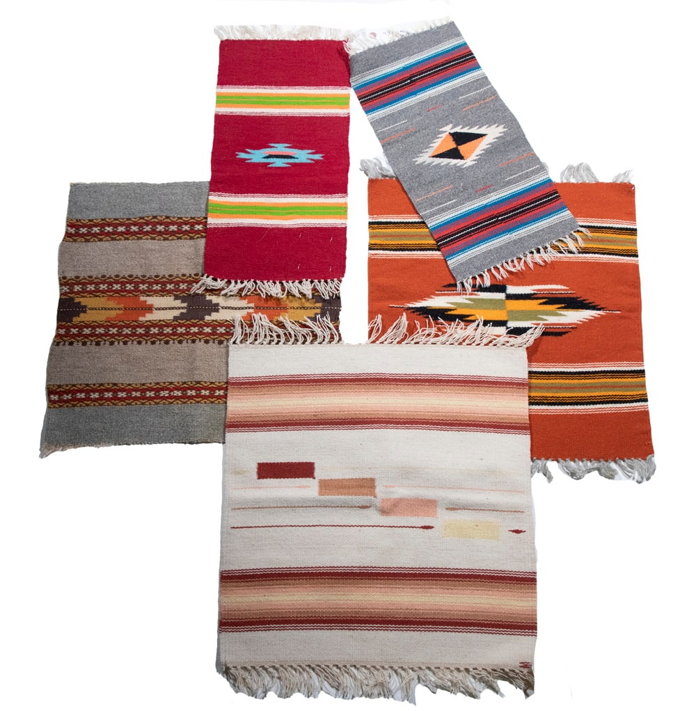 (5) NATIVE AMERICAN MATTS, VARIOUS: (5) NATIVE AMERICAN MATS, VARIOUS Chimayo, including: Grey with orange, red, blue, black & white, 9 1/2" x 19"; PLUS Wine with green, orange & white, 9 1/2" x 19"; PLUS Orange, with green, black &