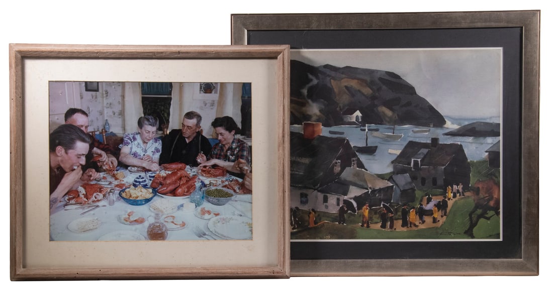 (2) LARGE SCALE FRAMED EKTACHROME PHOTO OF A FAMILY LOBSTER FEAST AND LARGE FRAMED PRINT OF MONHEGAN: (2) LARGE SCALE FRAMED EKTACHROME PHOTO OF A FAMILY LOBSTER FEAST AND LARGE FRAMED PRINT OF MONHEGAN BY FITZGERALD In a driftwood frame, 22" x 26". And silver frame, 25" x 29" LGST OS: 25 x 29 in.