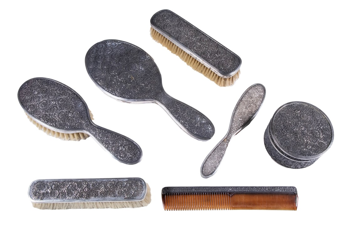 (8 PC) SILVERPLATE VANITY SET: (8 PC) SILVERPLATE VANITY SET Vintage Dresser Set, with scrolled vine decoration, incl: Mirror with beveled glass, 10 1/2" long, glass edge occlusion; Hairbrush, 9" long; Round vanity jar, 3 1/2"
