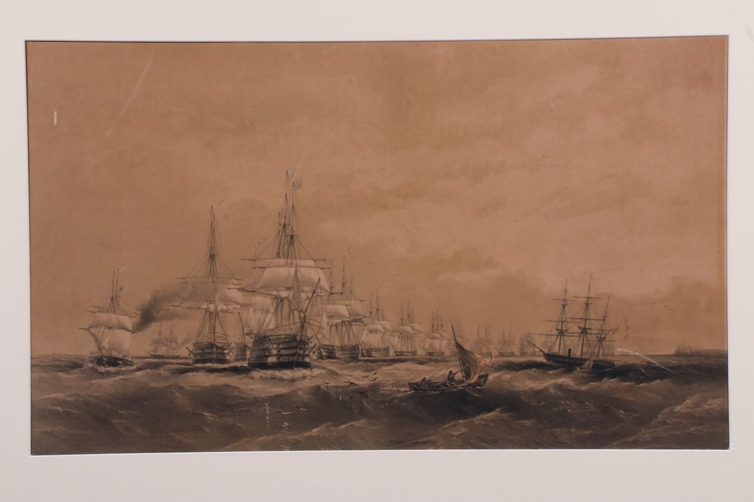 THE QUEEN REVIEWS THE FLEET, LITHOGRAPH, CIRCA 1845: THE QUEEN REVIEWS THE FLEET, LITHOGRAPH, CIRCA 1845 Unframed, shrink-wrapped in mat, image. Single scratch lower right. Per Wiki: 19 June 1845, inspecting the experimental squadron, from the new HMY