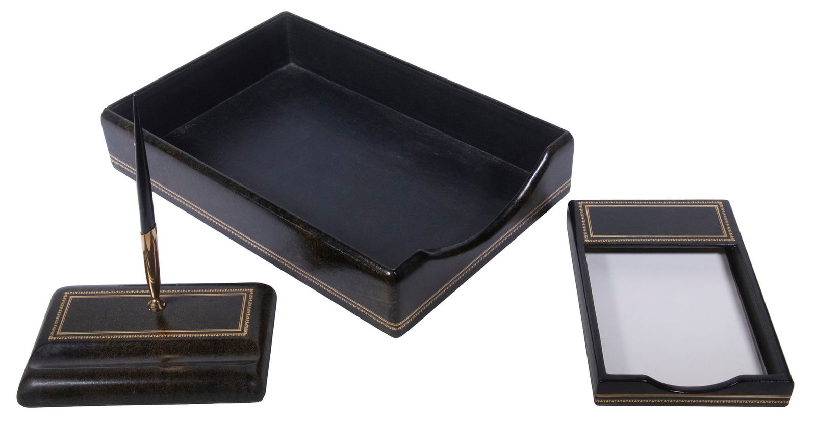 VINTAGE LEATHER DESK ACCESSORIES: VINTAGE LEATHER DESK ACCESSORIES (3) Piece Lot, of leather-covered desk items, with felted bases, incl: Letter tray, 3" high, 15" x 10"; Note pad holder, 1 1/4" high, 8 3/4" x 5 3/4"; and Pen holder