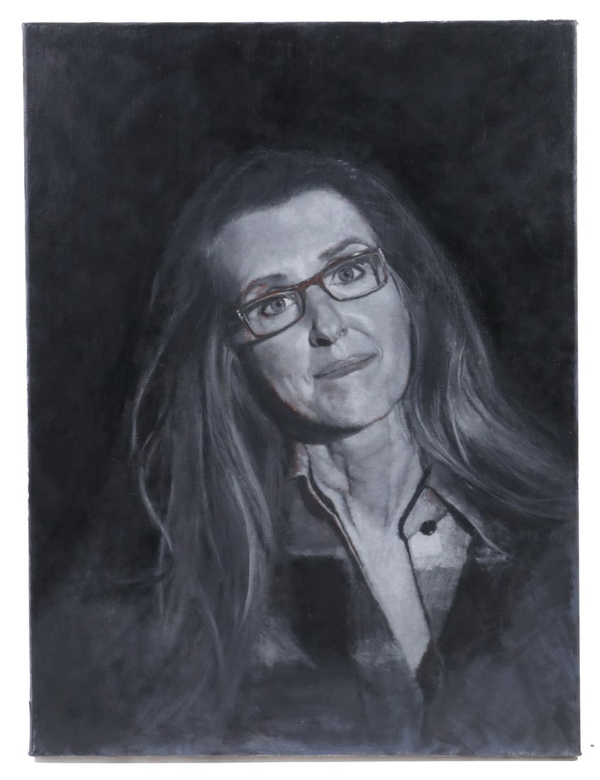 CAROLYN WHITAKER (ME/CA,1949-2018): CAROLYN WHITAKER (ME/CA,1949-2018) Self Portrait in Black and White, oil on canvas, unsigned, marked verso "2012, Winter, Jan-Feb". Unframed. Good condition. OS: 24 x 18 in. (61 x 45.7 cm.)