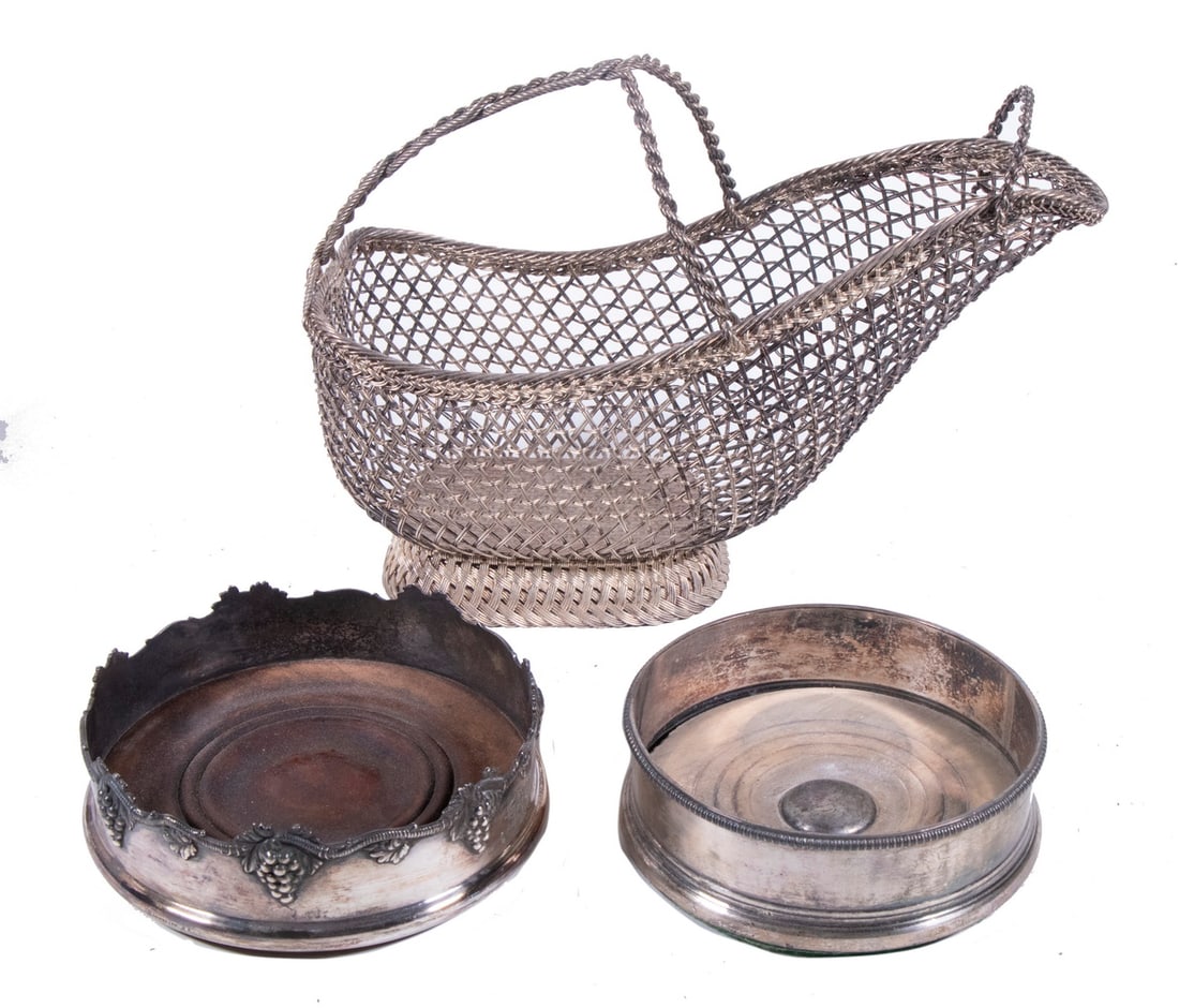 (3) SILVERPLATE WINE ACCESSORIES: (3) SILVERPLATE WINE ACCESSORIES Including: (2) Antique wine coasters, with wooden bases, one with grapevine rim decoration and engraved monogram, 5 3/4" diam., and one with gadrooned rim and felted
