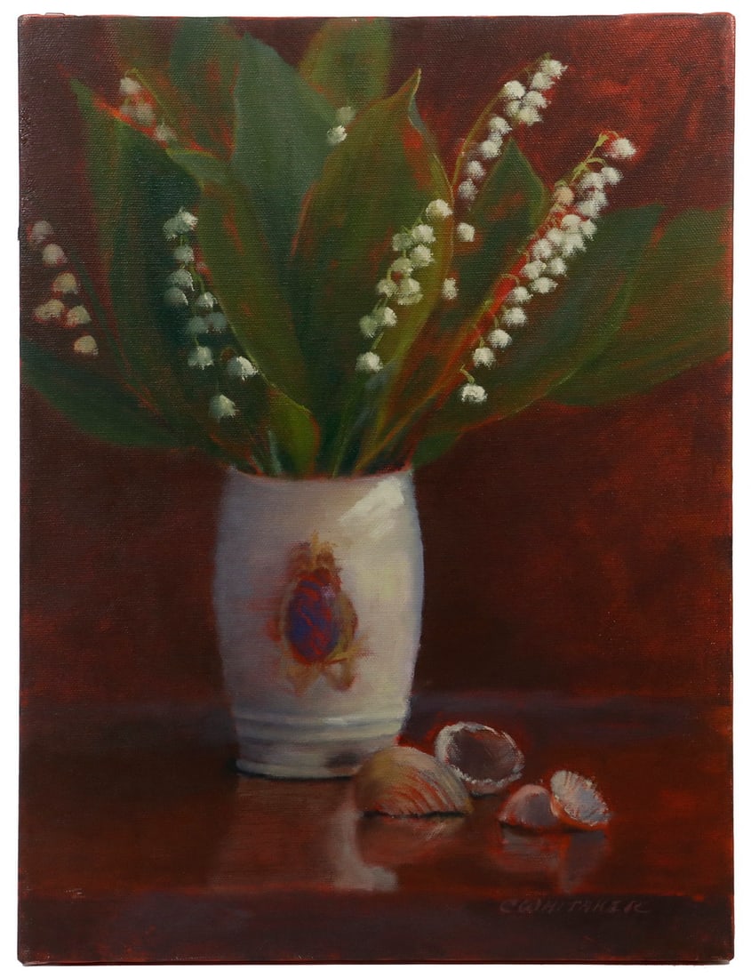 CAROLYN WHITAKER (ME/CA,1949-2018): CAROLYN WHITAKER (ME/CA,1949-2018) Lilies of the Valley in a Heraldic Vase, oil on canvas, signed lower right, unframed. Fine condition. OS: 16 x 12 in. (40.6 x 30.5 cm.)