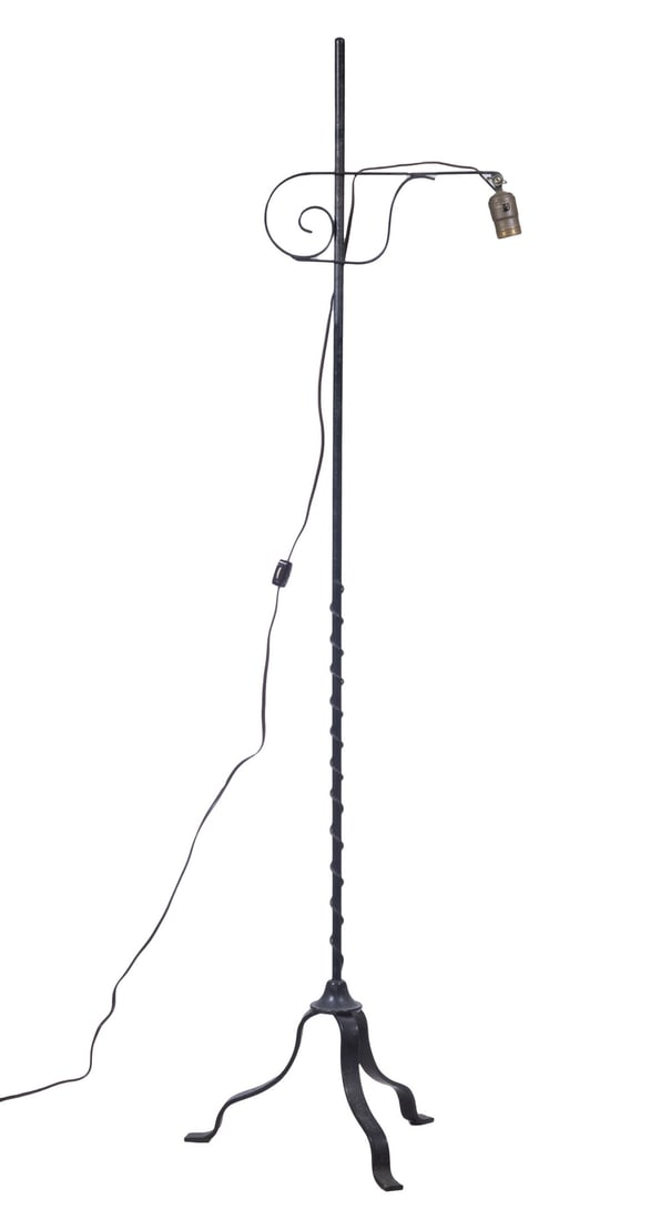 IRON FLOOR LAMP: IRON FLOOR LAMP Vintage Forged Iron Lamp, with adjustable height socket, stem with twisted wire embellishment, tripod base with curved, single socket fixture with screw-on silk shade. Surface wear.