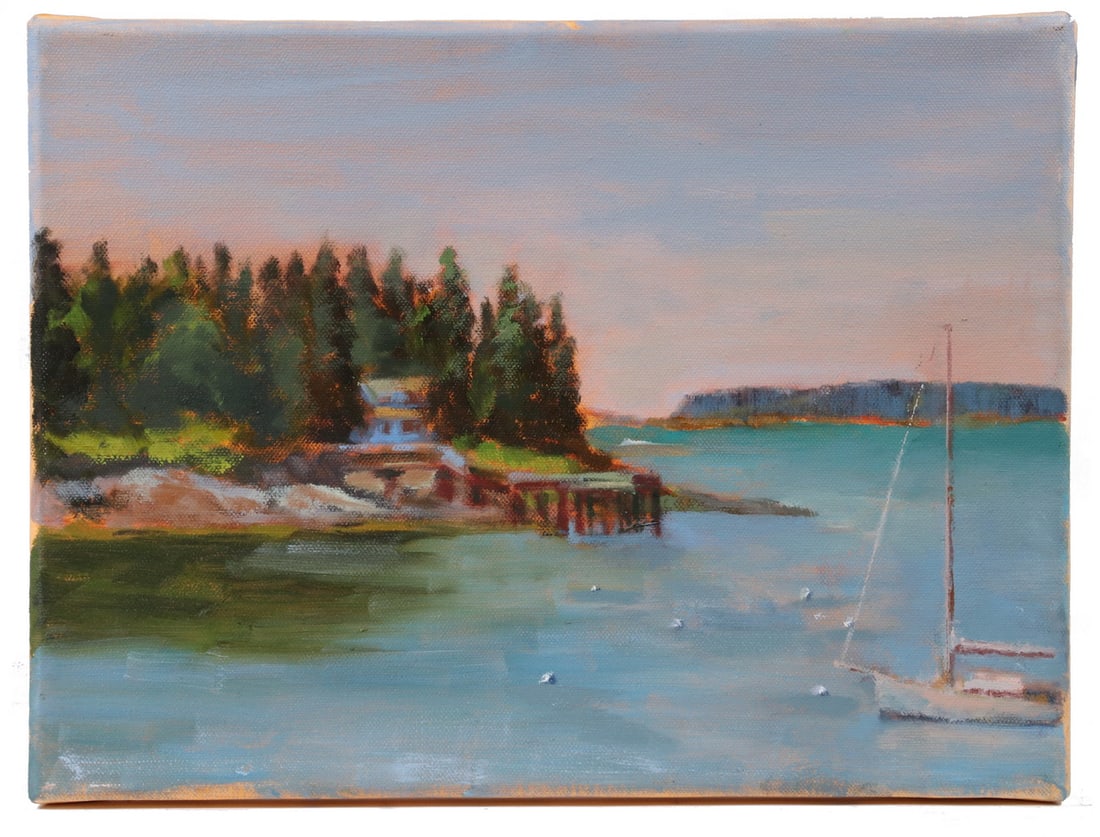 CAROLYN WHITAKER (ME/CA,1949-2018): CAROLYN WHITAKER (ME/CA,1949-2018) Maine Coast, oil on canvas, unsigned, unframed, tan painted edge. OS: 9 x 12 in. (22.9 x 30.5 cm.)