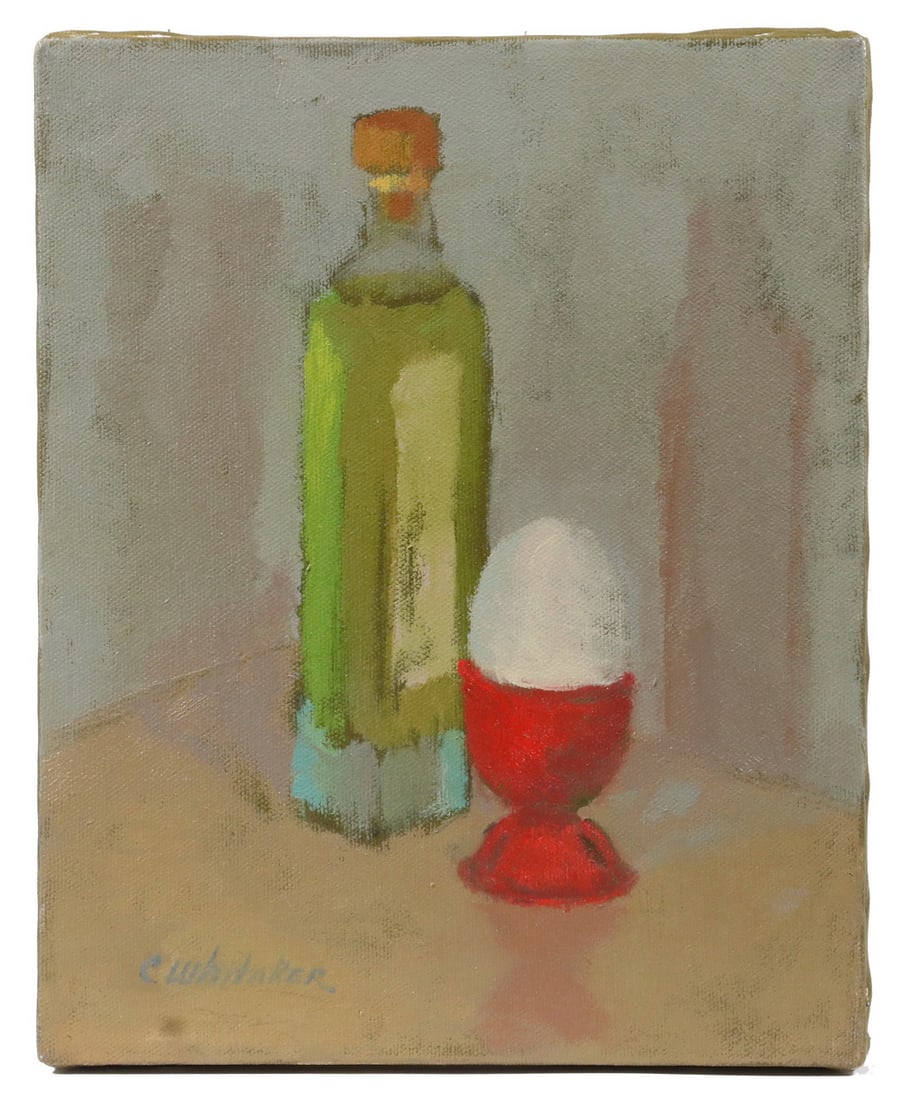 CAROLYN WHITAKER (ME/CA,1949-2018): CAROLYN WHITAKER (ME/CA,1949-2018) Still Life with Egg Cup and Olive Oil, oil on canvas, signed lower left, unframed. Fine condition. OS: 10 x 8 in. (25.4 x 20.3 cm.)
