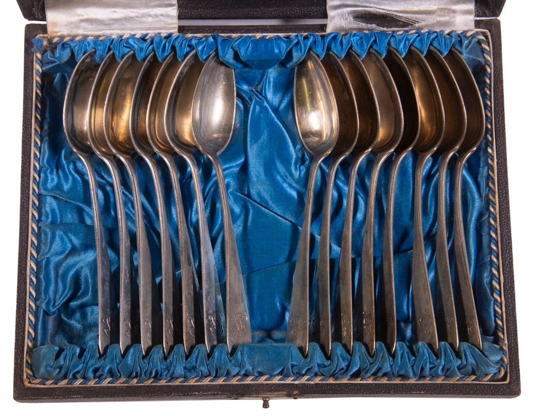 CASED GERMAN SILVER SPOONS: CASED GERMAN SILVER SPOONS Set of (15) 19th c. Teaspoons, marked for Hamburg, maker E.K. (possibly E. Koeh), probably 800-silver, with engraved monogram. 8.48 ozt tw. One spoon with bowl dents, in a