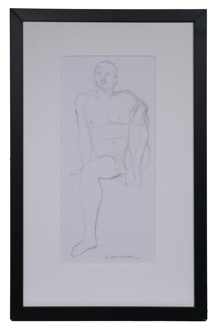 CAROLYN WHITAKER (ME/CA,1949-2018): CAROLYN WHITAKER (ME/CA,1949-2018) Study of a Seated Nude Male, graphite on paper, signed lower right, in a black box frame, matted and glazed. Good condition. OS: 19" x 12", SS: 13" x 5 3/4"