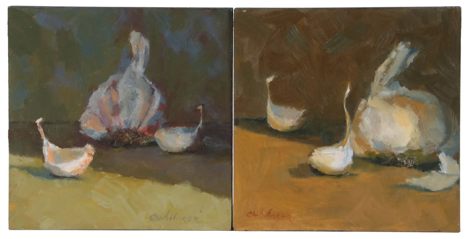 CAROLYN WHITAKER (ME/CA,1949-2018): CAROLYN WHITAKER (ME/CA,1949-2018) Diptych of Studies of Garlic, oil on hardboard, both signed, unframed, edge painted black. Fine condition. Each OS: 6 x 6 in. (15.2 x 15.2 cm.)