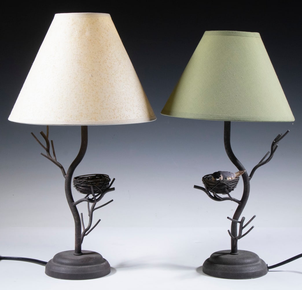 PR IRON BIRD'S NEST LAMPS: PR IRON BIRD'S NEST LAMPSPair of Contemporary Table Lamps, each in the form of a tree with bird's nest containing "eggs," one with bird, single socket fixtures with clip on shades, one green and the o