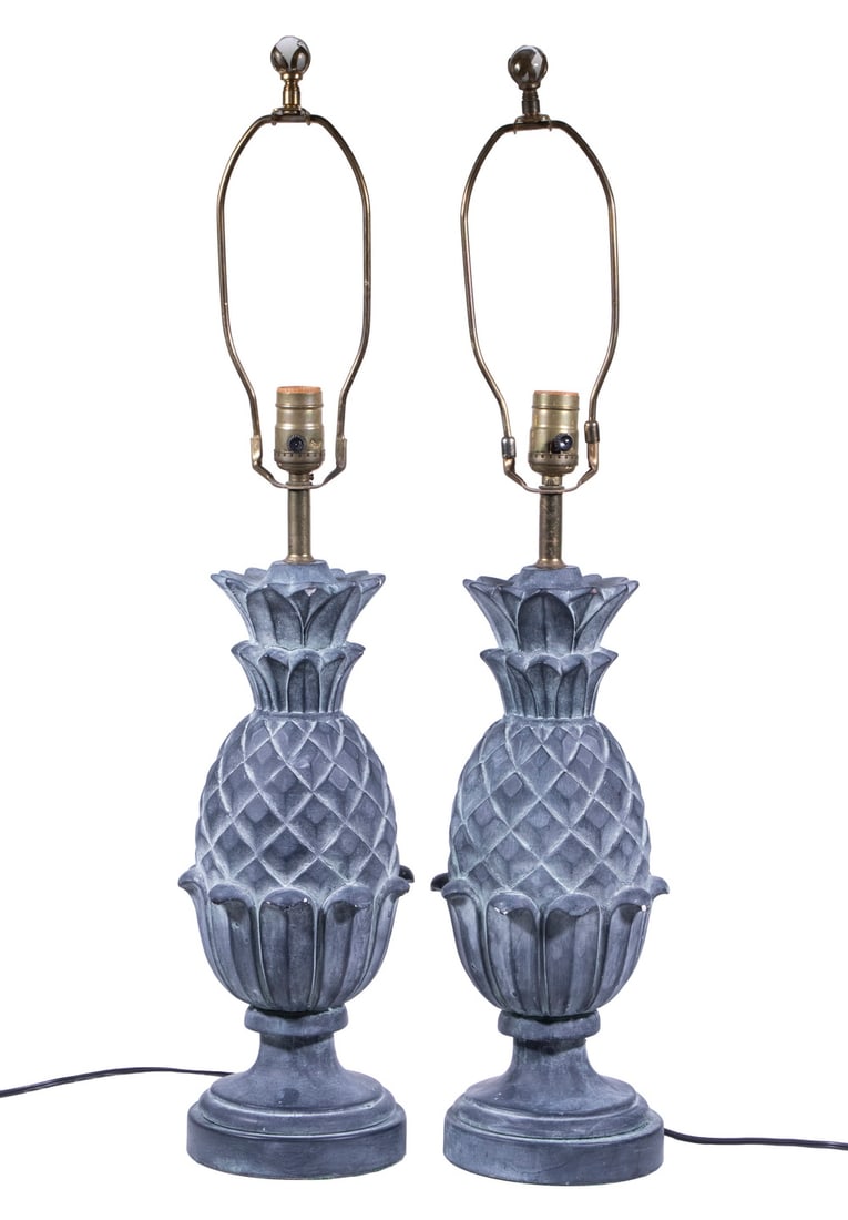 PR PINEAPPLE DESIGN TABLE LAMPS: PR PINEAPPLE DESIGN TABLE LAMPS Pair of Contemporary Plaster Lamps, black painted pineapple design, single socket fixtures with harps, finials and square fabric covered cardboard shades. OS Each: 29