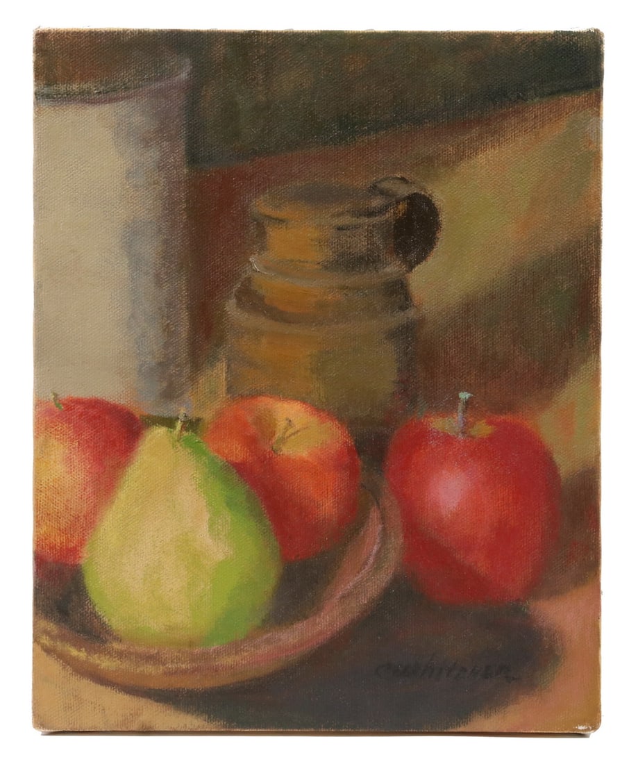 CAROLYN WHITAKER (ME/CA,1949-2018): CAROLYN WHITAKER (ME/CA,1949-2018) Still Life of Fruit and Shakers, oil on canvas, signed lower right, unframed. Fine condition. OS: 10 x 8 in. (25.4 x 20.3 cm.)