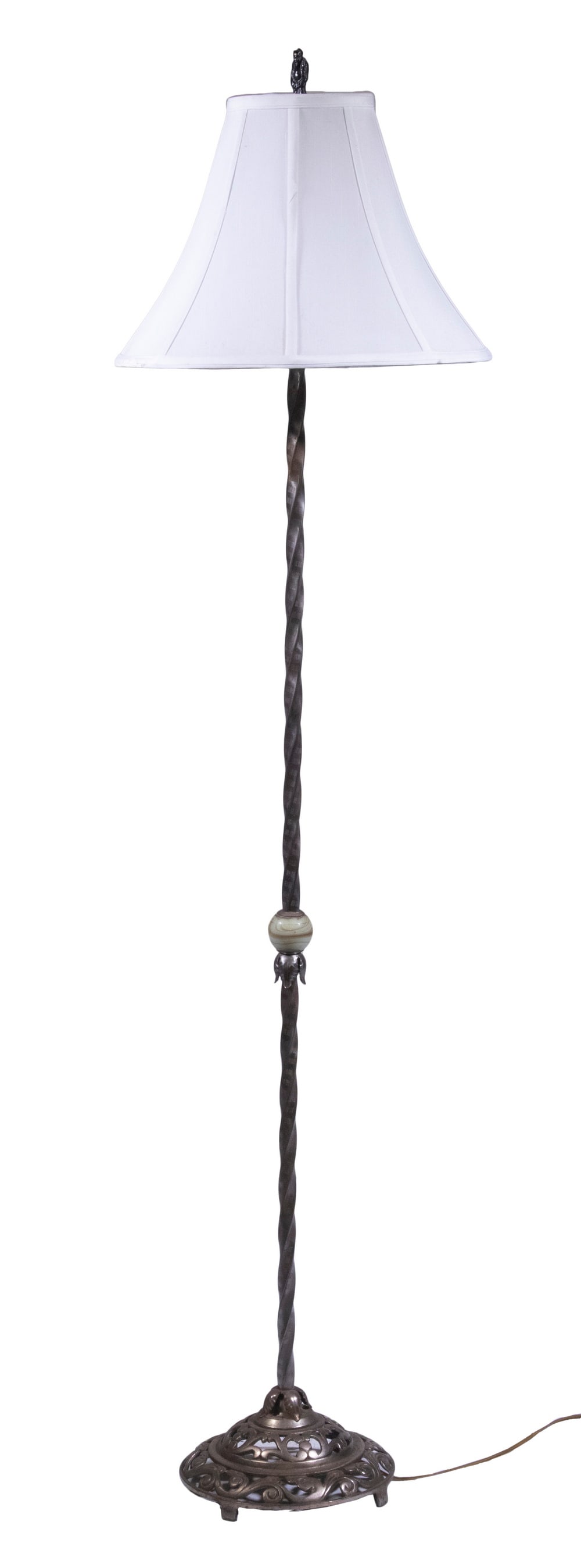 FLOOR LAMP WITH AGATE BALL: FLOOR LAMP WITH AGATE BALL Vintage Lamp, with twist design metal stem and inset polished green agate ball, pierced round base, double socket fixture with chain pulls, with silk shade and finial. 