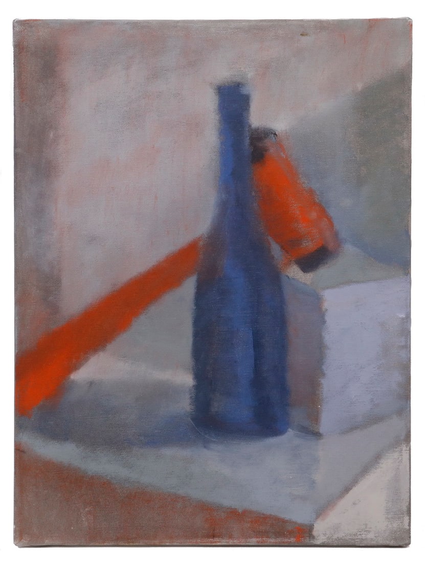 CAROLYN WHITAKER (ME/CA,1949-2018): CAROLYN WHITAKER (ME/CA,1949-2018) "River Cuts", oil on canvas, signed and titled verso, dated Winter 2010-11, depicting a blue bottle and a red-orange mallet in a grey block space, unframed. Good