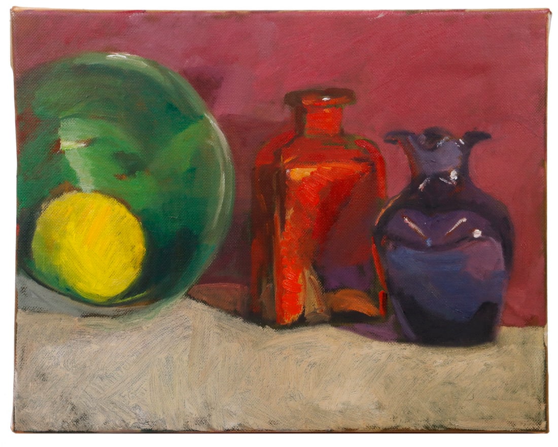 CAROLYN WHITAKER (ME/CA,1949-2018): CAROLYN WHITAKER (ME/CA,1949-2018) Still Life with Red, Blue and Green Glass, oil on canvas, signed verso and dated Nov '11, unframed. Fine condition. OS: 11 x 14 in. (27.9 x 35.6 cm.)