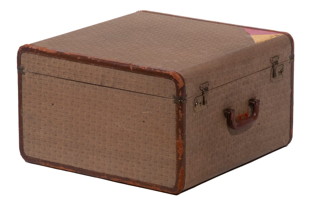 VINTAGE DESIGNER SUITCASE: VINTAGE DESIGNER SUITCASE Leather Trimmed Hard Sided Case, with canvas diamond pattern surface, brass hardware, RTN monogram and painted exterior corner, satin lined interior fitted with removable
