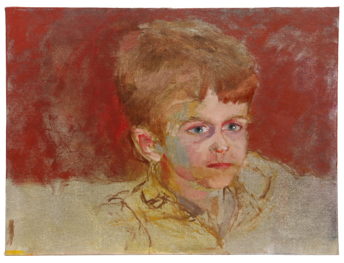 CAROLYN WHITAKER (ME/CA,1949-2018): CAROLYN WHITAKER (ME/CA,1949-2018) "Christopher Frontin", winter 2012, oil on canvasboard, titled, signed and dated verso, portrait of a pensive young boy, unframed. Good condition. OS: 12 x 16 in.